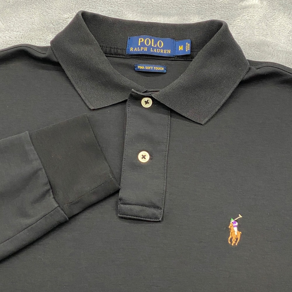 Polo Ralph Lauren Mens Medium Black Pima Soft Touch Long Sleeve Polo Shirt